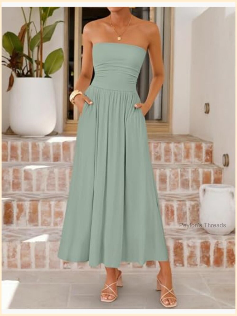 Strapless Ruched A-Line Midi Dress Sleeveless Flowy Wedding Guest - Picture 5 of 7